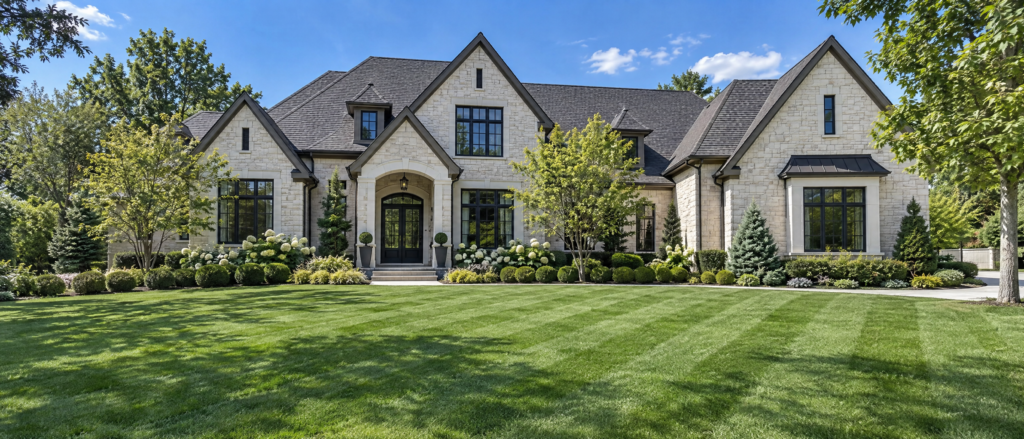 Freshly landscaped front yard with a green lawn at a home in Greenville, South Carolina.
